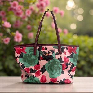 MARC BY MARC JACOBS Floral Pink Burgundy Saffiano Leather Tote Bag